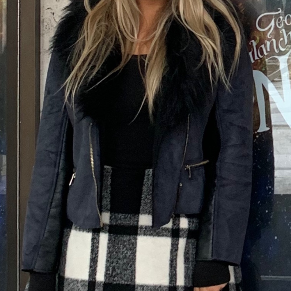 Barney’s Navy Suede and Leather Jacket with removable Black Faux Fur Collar